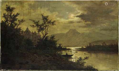 Chwala, Fritz (Wien 1872 - 1936 Wien), Bergsee mit Schlossanlage und Angler im Mondschein, Öl auf