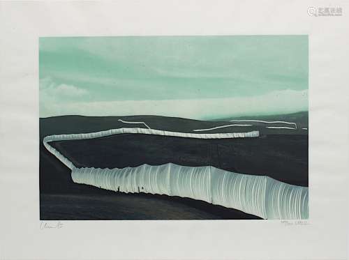 Christo (geb. 1935 Gabrowo), Running Fence California, 1970er Jahre, Original Foto-Siebdruck von