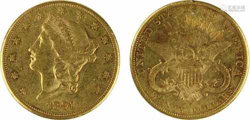 Goldmünze zu 20 Dollar, USA 1891, 900er Gold, Gewicht 1 Unze Feingold, Coroned Head / Eagle,