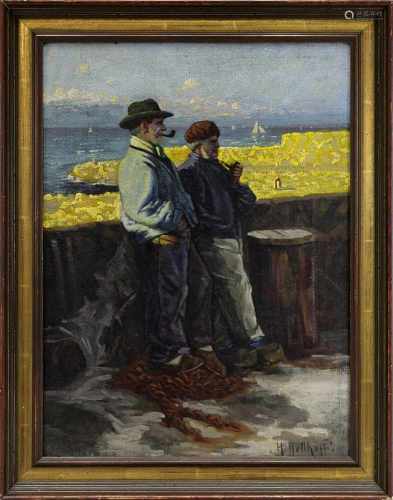 Hellhoff, Heinrich (1868-1914), Zwei rauchende Fischer im Hafen, impressionistisches Genregemälde,