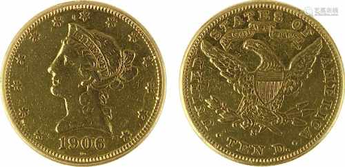 Goldmünze zu 10 Dollar, USA 1906, 900er Gold, 16,7 g, 1/2 Unze Feingold, Coroned Head / Eagle,