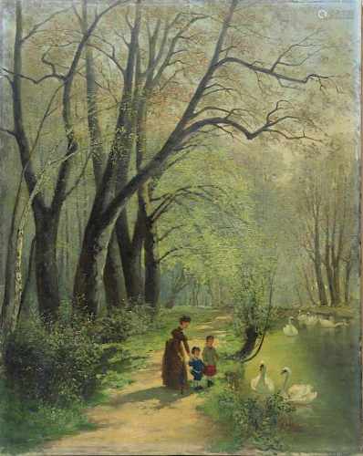 Schlette, Emma (1847 - 1912), Mutter mit Kindern im Park beim Gänsefüttern, Öl auf Leinwand, unten