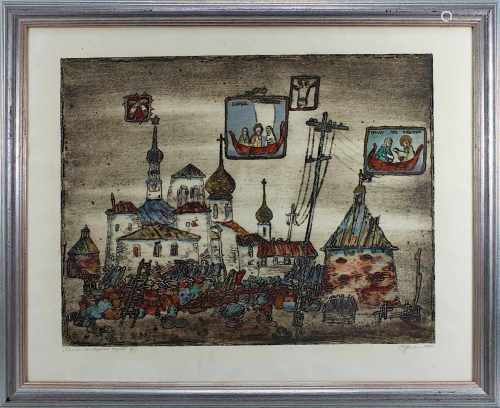 Russischer Künstler 2.H.20.Jh., Blick auf eine orthodoxe Klosteranlage, Farblithographie, am unteren