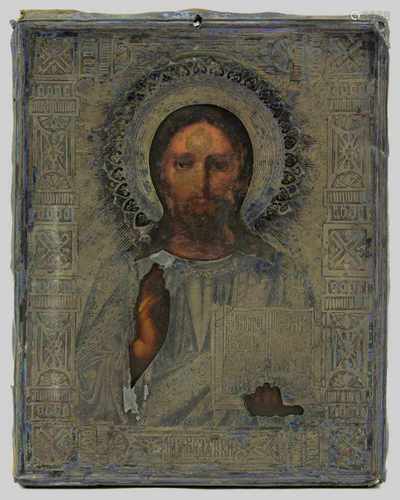 Ikone Christus Pantokrator, Russland um 1889, mit Silberoklat, Tempera auf Holz, nur Gesicht und