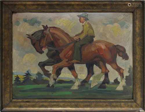 Gries, Raimund (geb. Judenburg/Steiermark 1884), Junger Reiter mit zwei Pferden (19)20, Öl pastos