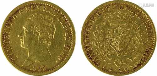 Goldmünze zu 20 Lira, Italien 1827, 6,45 g, sehr schön - vorzüglich. 1820-024