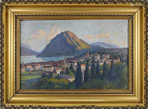 Landschaftsmaler 1. H. 20. Jh., Blick über Lugano auf den Luganersee, Öl auf Karton, Krakelee, 27