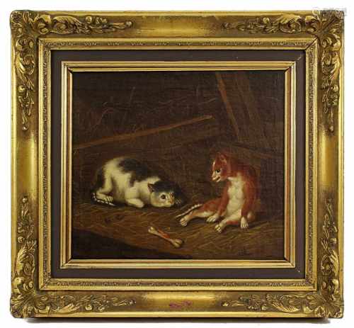 Tiermaler 19. Jh., zwei um einen Knochen streitende Katzen in der Scheune, Öl auf Leinwand,