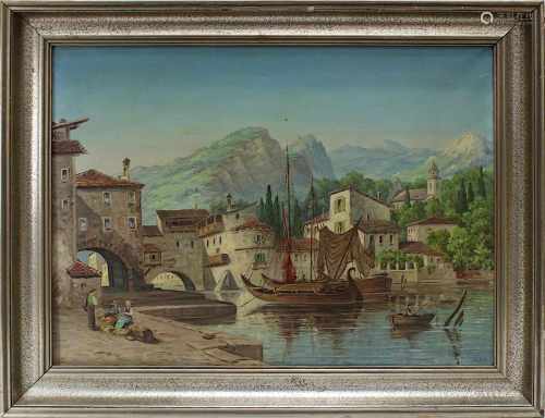Derfeld, H., deutscher Maler um 1930, Mittelalterliche Architekturansicht mit Fluss vor