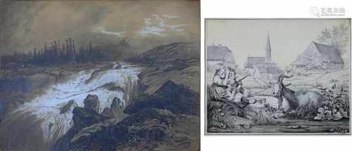 Zwei Zeichnungen 19.Jh.: Schmid. F., Zwei Kinder mit Ziege vor Dorflandschaft, Tuschezeichnung auf