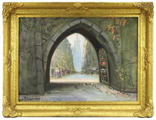 Kluzniak, J. (Maler 20. Jh.), Blick durch ein Tor auf Häuser und Geschäfte einer Stadt, im