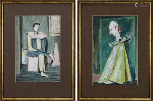 Figuremaler um 1950, zwei Bilder mit Clowns, an den Kubismus angelehnt, Aquarell, Passpartout-