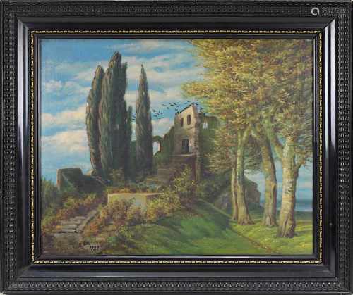 Otto, Julius, deutscher Maler 1. H. 20. Jh., südliche Landschaft mit Ruine und Zypressen, Öl auf