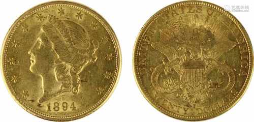Goldmünze zu 20 Dollar, USA 1894, 900er Gold, Gewicht 1 Unze Feingold, Coroned Head / Eagle,