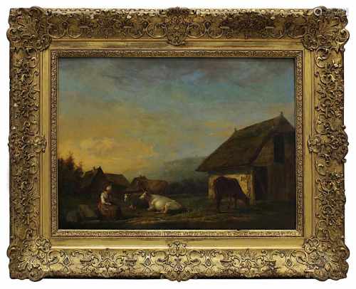 De Pratere, Henri (Courtrai 1850 - 1890), Belgisches Dorf mit Bäuerin und Kühen, feines