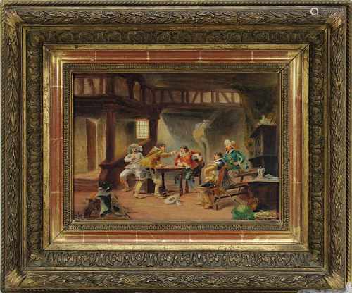 Vogler, Paul (Paris 1852-1904 Verneuil-sur-Avre), Landsknechte  im Wirtshaus, Öl auf Holz, li. u.