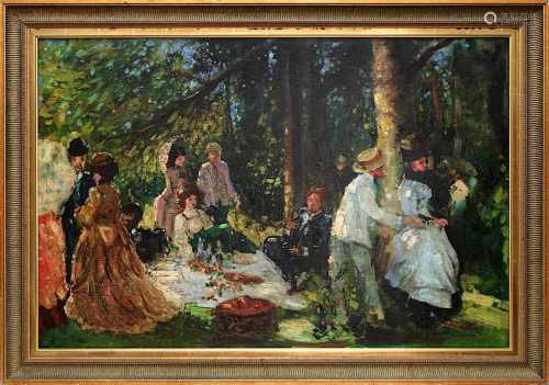 Maler im spätimpressionistischen Stil, Mitte 20. Jh., Wohlhabende Gesellschaft beim Picknick, Öl auf