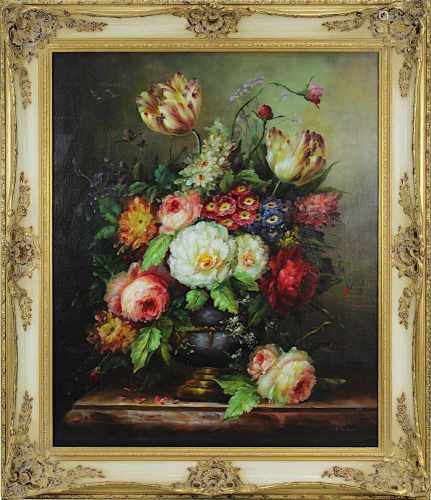 Tucker, A., Stilllebenmaler 2. H. 20. Jh., Blumenstillleben in altmeisterlichem Stil, Öl auf