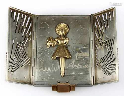 Lacloche Art-Déco-Puderdose, Paris um 1925, rechteckige Silberdose, zweitüriger Deckel mit aufwändig