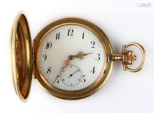 Savonette Rotgold-Taschenuhr, Schweiz um 1910, dreiteiliges Gehäuse in 585er Rotgold, weißes