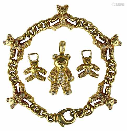 Gelbgoldarmband mit Bärenfiguren und Bärenanhänger mit Brillianten, 750er Gelbgold-Panzerarmband mit