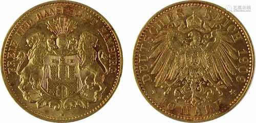 Goldmünze zu 10 Mark, Hamburg 1909, Buchstabe J, 900er Gold, 3,98 g, Feingewicht 33,58 g. 1820-026