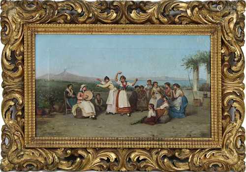 De Sahrin, Landschafts und Genremaler 19. Jhd., Tanzende und vergnügte Frauen am Golf von Neapel vor