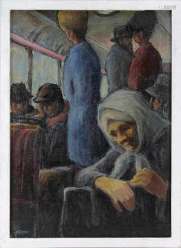 Ungedeuteter tschechischer Maler Mitte 20. Jh., Menschen in der Straßenbahn, Öl auf Leinwand, li. u.