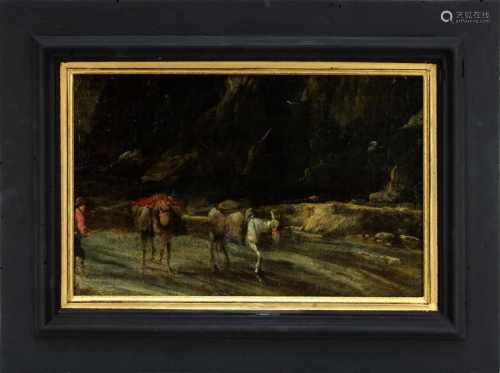 Franzsösischer Figuren und Landschaftsmaler, Bauer mit vollbepackten Eseln vor Gebirge, um 1780,