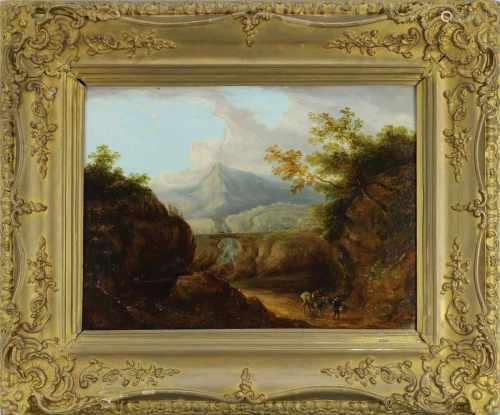 Landschaftsmaler, Ende 18. Jh., Gebirgslandschaft mit Brücke und Reitern, Öl auf Leinwand, unten