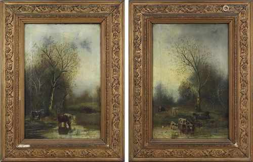 Ch. Lissa, Maler um 1900, zwei Landschaftsgemälde, jeweils Kühe mit ihrem Hirten an der Furt