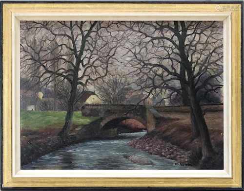 Terwei, Wilhelm (Letmathe 1875 - 1946 Morbach), Spätherbstlicher Wasserlauf mit Bogenbrücke, Öl