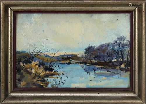 Landschaftsmaler um 1930, Winterliche Seenlandschaft, Öl auf Platte, 18 x 27 cm, im profilierten
