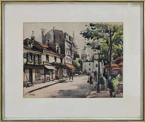 Krafft, André (geb. Paris 1911), Pariser Straßenansicht mit Sacré Coeur im Hintergrund, Aquarell,