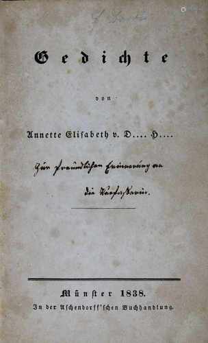 Von Droste - Hülshoff, Annette : Gedichte von Annette Elisabeth v. D.... H...., Münster 1838 in