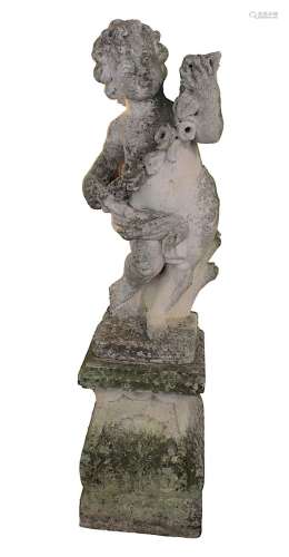 Putto mit Rosengirlande, als Gartenfigur, 2.H.20.Jh., auf Postament stehend, Steinguss mit schöner