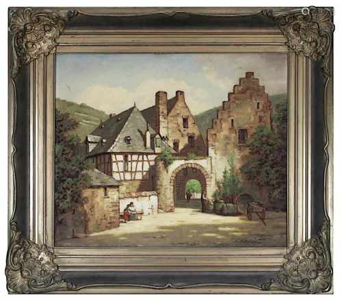 Möhren, Jean (Elberfeld 1875-1954 Köln), Blick auf Hofanlage mit Torbogen, Öl/Lwd., re. unt.
