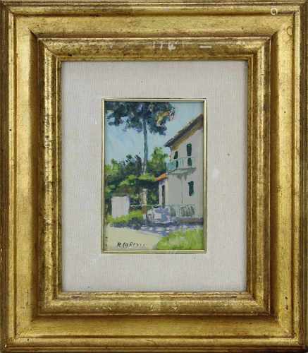 Ungedeuteter Maler, Haus im sommerlichen Süden, Öl auf Karton, 15,5 x 10 cm (