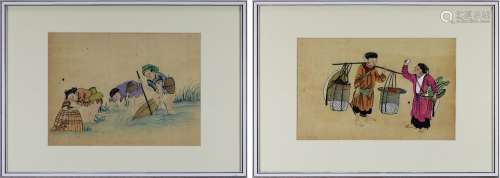 Zwei Aquarelle mit Fischern und Marktfrauen, China um 1865-70, Passepartoutausschnitt 18 x 28 bzw.