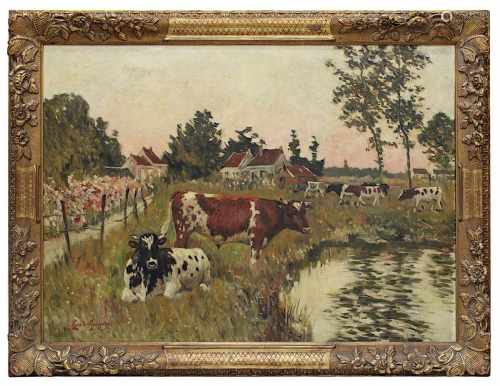 De Baugnies, René (Löwen 1869-1962 Ixelles/Elsene), Weidende Kühe vor Dorflandschaft, unt. links