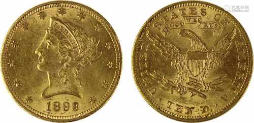 Goldmünze zu 10 Dollar, USA 1899, 900er Gold, 16,7 g, 1/2 Unze Feingold, Coroned Head / Eagle,