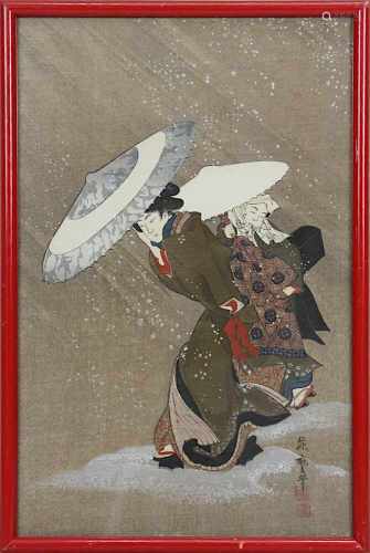 Ungedeuteter japanischer Künstler, Dame und Dienerin im Schneesturm, Farbholzschnitt, Japan um 1800,