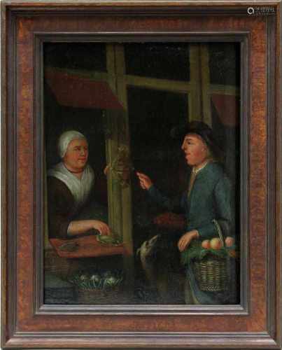 Genremaler, wohl Niederlande Anf. 18. Jh., Der Einkauf, Öl auf Holz, 29 x 22 cm, am rechten Rand