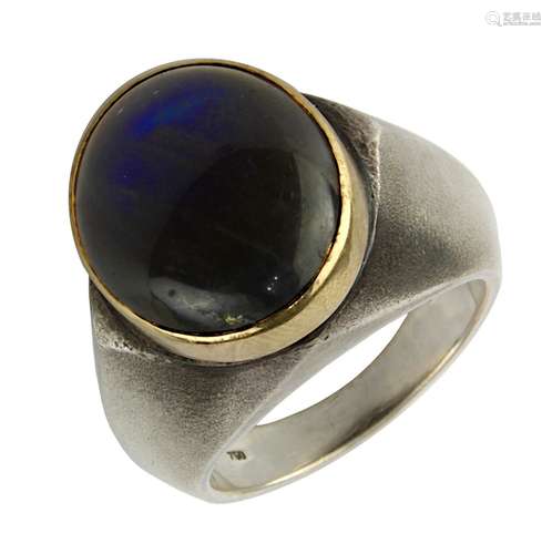 Damenring in Silber und Gold, mit Labradorit-Cabochon, handgefertigte Ringschiene aus 925 Silber,