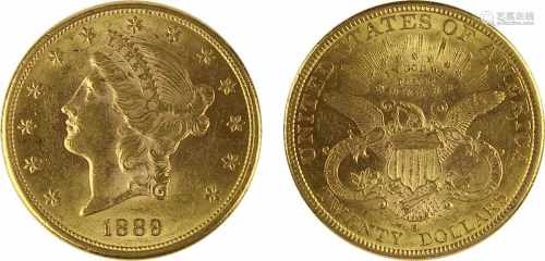 Goldmünze zu 20 Dollar, USA 1889, 900er Gold, Gewicht 1 Unze Feingold, Coroned Head / Eagle,