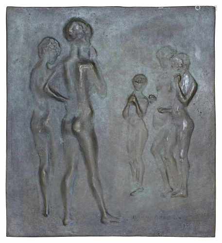 Schröder, Hans (Saarbrücken 1930 - 2010 Saarbrücken), weibliche Akte, Bronzerelieftafel mit grün-