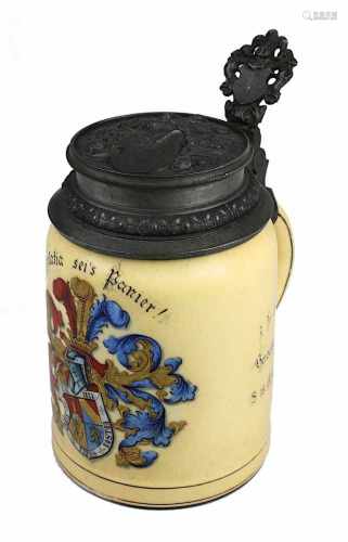 Porzellan Bierkrug, Burschenschaft Paladia Heidelberg 1896, Porzellan weißer Scherben, cremefarbener