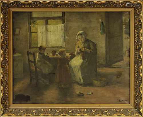 Cor van Reken (1879-1959), Strickende Holländerin mit Kindern im Interieur, Öl auf Leinwand, re.
