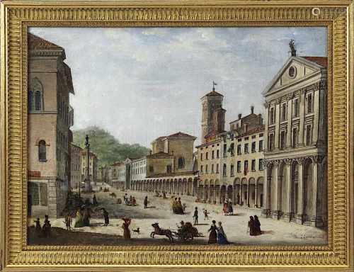 Vedutenmaler, wohl Wien um 1820, Straßenansicht mit Figurenstaffage, fein gemaltes Bild, Öl auf
