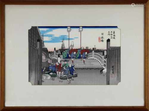 Utagawa Hiroshige (1797-1858), japanischer Farbholzschnitt, Daimyo-Prozession auf der Nihonbashi-